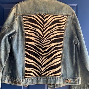 Denim jacket with suede zebra on back and collar